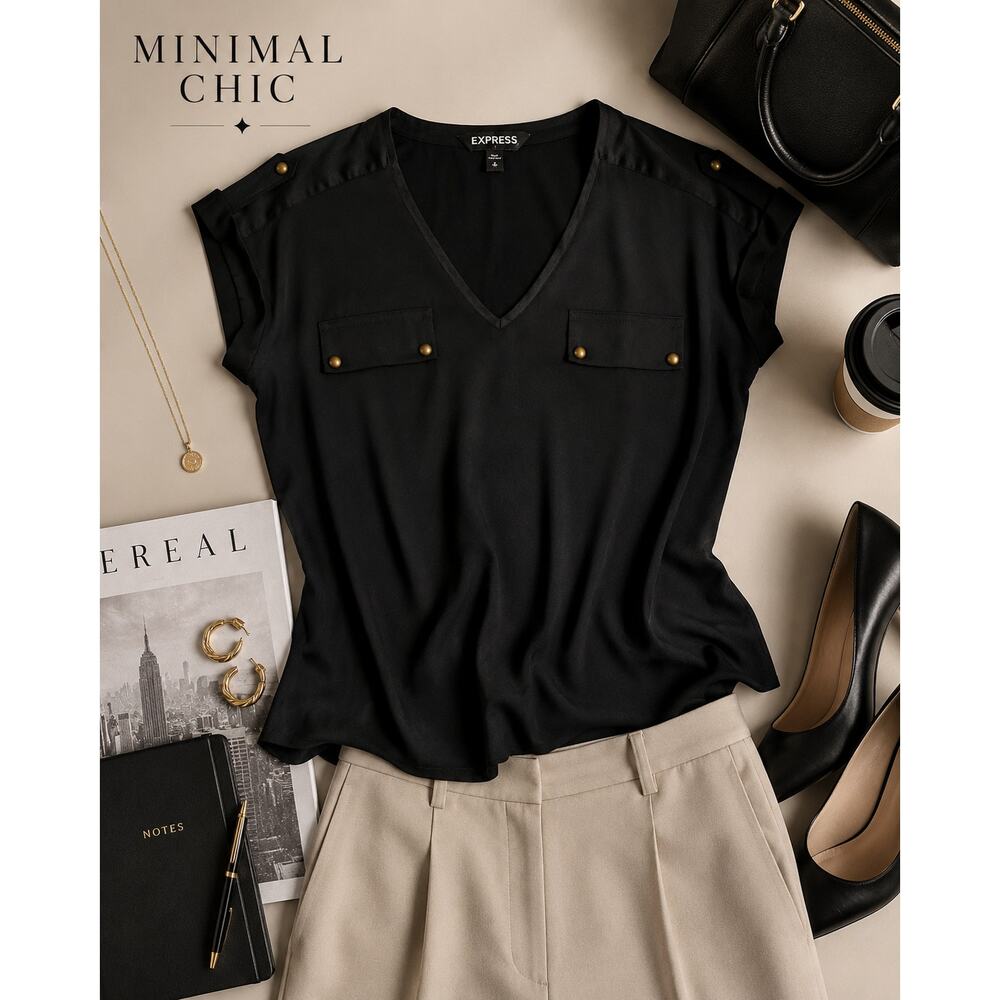 Express Black Stud Detail V-Neck Blouse Size Medium Minimalist Career Top